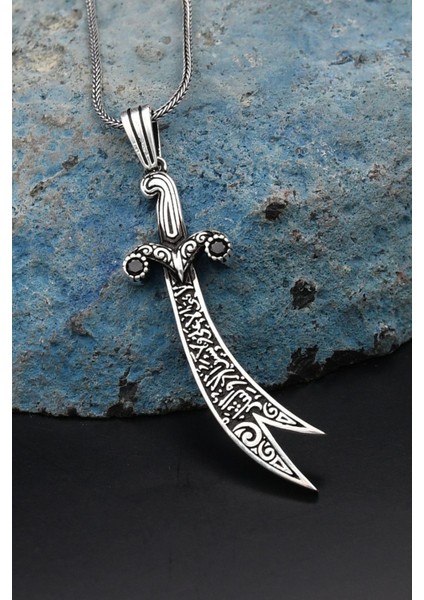 Gümüş Siyah Zirkon Taşlı Hz. Ali (Zülfikar Kılıcı) Erkek Kolye Zincir 925 Ayar Gümüş 901263