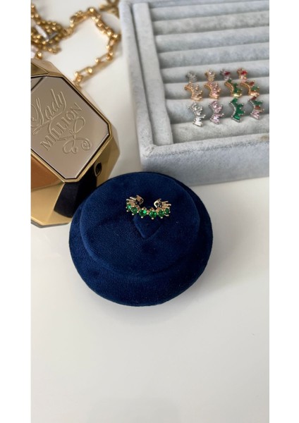Vip Seri Gold Yeşil Full Zirkon Taşlı Halka Kıkırdak Küpe (Earcuff)