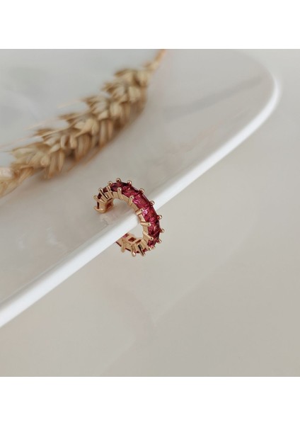 Gold Pembe Baget Zirkon Taşlı Halka Earcuff ( Kıkırdak Küpe )