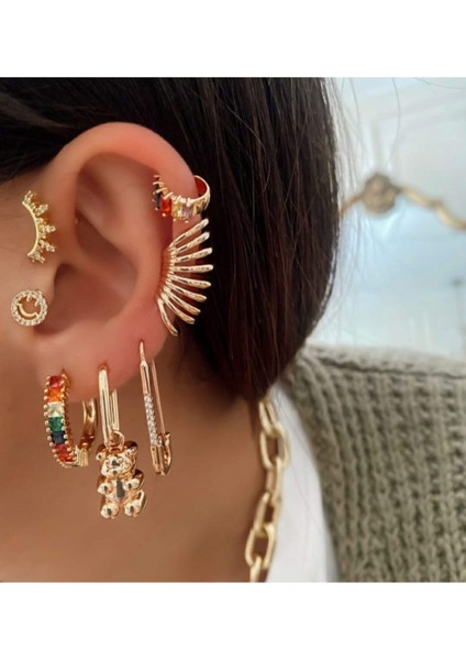 Mini Gold Baget Zirkon Taşlı Halka Earcuff Kıkırdak Küpe