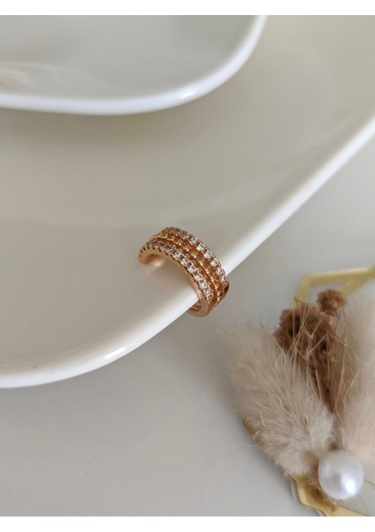 Gold Iki Sıra Zirkon Taşlı Kıkırdak Küpe (Earcuff)