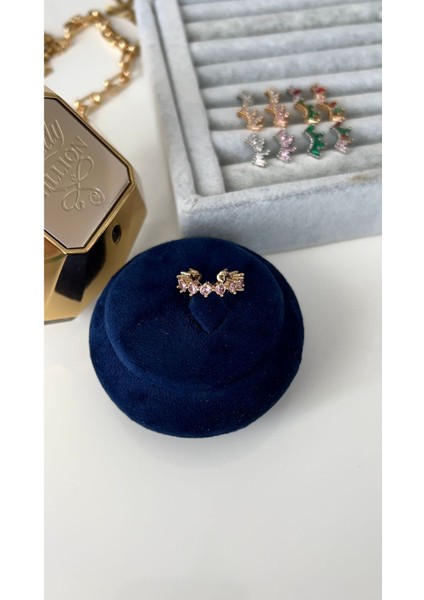 Vip Seri Gold Pembe Full Zirkon Taşlı Halka Kıkırdak Küpe (Earcuff)