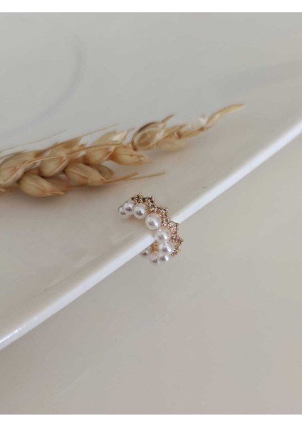 Gold Incili Zirkon Taşlı Halka Earcuff Kıkırdak Küpe