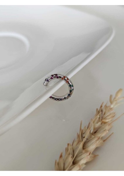 Gümüş Renkli Zirkon Taşlı Halka Earcuff ( Kıkırdak Küpe )