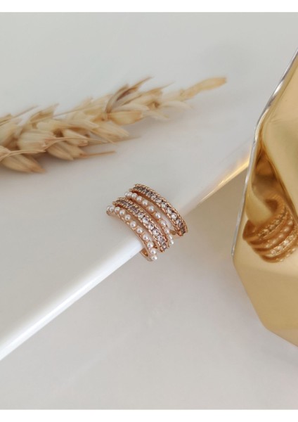 Gold Incili ve Zirkon Taşlı 4 Sıra Halka Earcuff ( Kıkırdak Küpe )