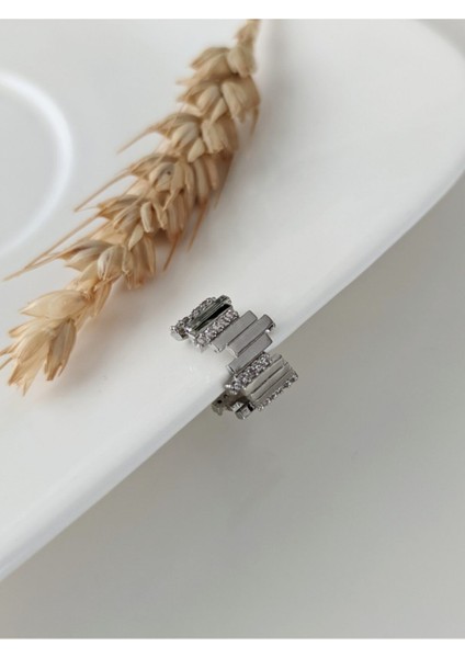 Gümüş Kalın Zirkon Taşlı Zikzak Earcuff