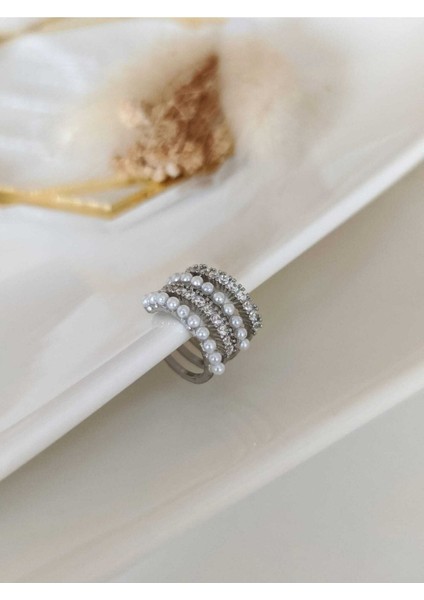 Gümüş Incili ve Zirkon Taşlı 4 Sıra Halka Earcuff ( Kıkırdak Küpe )