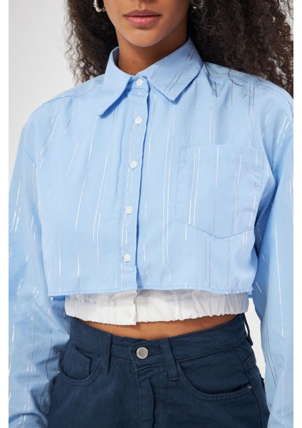 Beli Lastikli Çizgili Crop Gömlek modelleri