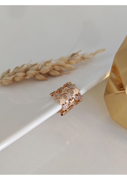 Çoklu Gold Renkli Yıldız Detaylı Zirkon Taşlı Halka Kıkırdak Küpe ( Earcuff )