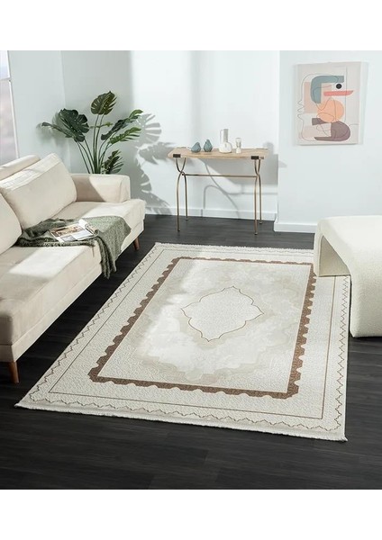 Dark DK016A Bej Halı Kahverengi Kenar Çerçeveli Göbekli Akrilik Tozuaz Modern Salon Halısı Koridor