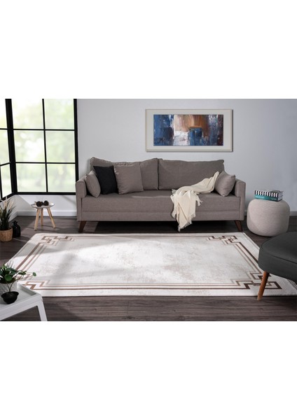 Dark DK007A Beyaz Halı Bej Detaylı Kahverengi Kenar Çerçeveli Akrilik Tozuaz Modern Salon Halısı