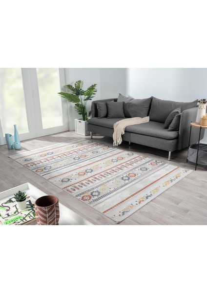 Lotus 8565 Gri Halı Renkli Kilim Desenli Modern Ince Akrilik Tozuaz Salon Halısı Yatak Odası Koridor