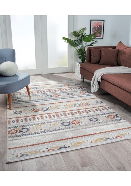 Lotus 8565 Gri Halı Renkli Kilim Desenli Modern Ince Akrilik Tozuaz Salon Halısı Yatak Odası Koridor