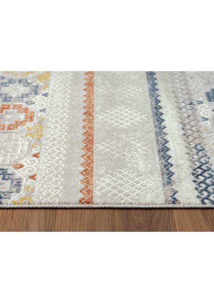 Lotus 8565 Gri Halı Renkli Kilim Desenli Modern Ince Akrilik Tozuaz Salon Halısı Yatak Odası Koridor