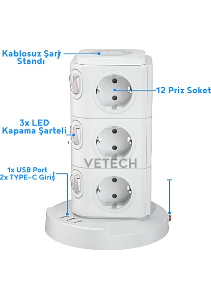 Akım Korumalı Priz Kablosuz Şarj Istasyonu 12X Priz / 1x USB / 2x Type-C Girişli 1.8mt Kablo