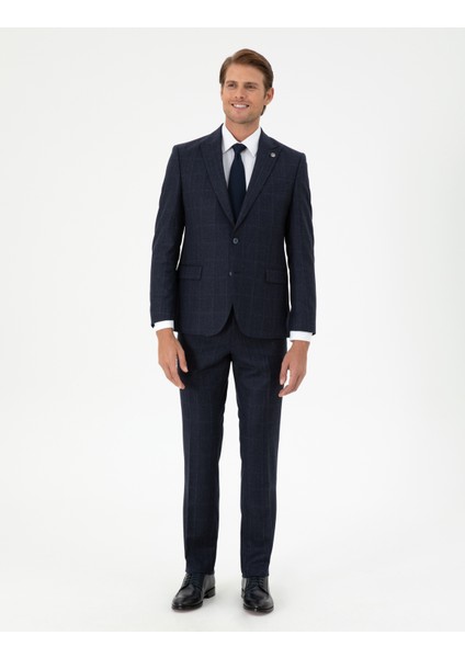 Erkek Lacivert Slim Fit Ekose Yün Takım Elbise 50291974-VR033