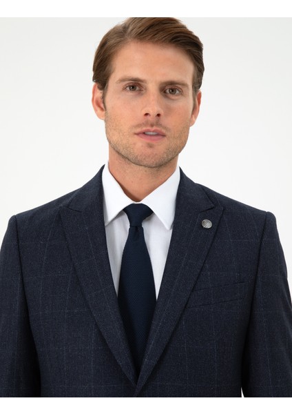 Erkek Lacivert Slim Fit Ekose Yün Takım Elbise 50291974-VR033