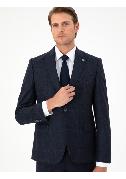 Erkek Lacivert Slim Fit Ekose Yün Takım Elbise 50291974-VR033