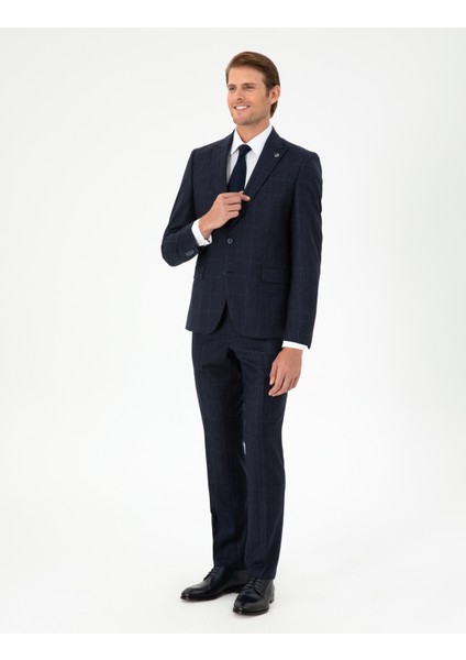 Erkek Lacivert Slim Fit Ekose Yün Takım Elbise 50291974-VR033