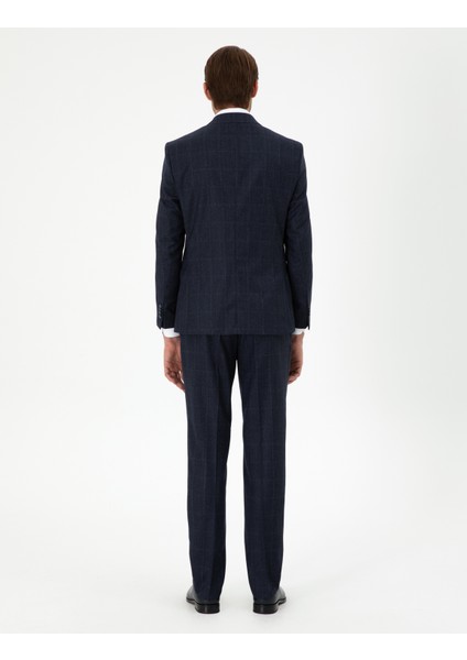 Erkek Lacivert Slim Fit Ekose Yün Takım Elbise 50291974-VR033