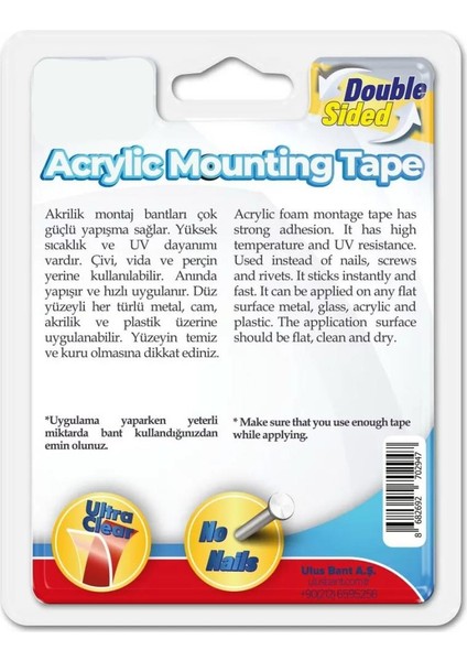 Çift Taraflı Akrilik Bant 120 kg 18 mm x 2 m