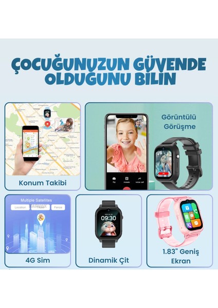 Akıllı Çocuk Saati 1.83 Inç Amoled Ekran 700MAH Görüntülü Arama Güvenlik Alan Oluşturma Btk Kayıtlı fiyatları