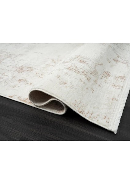 Lotus Plus 08584A Beyaz Kahverengi Detaylı Ince Akrilik Tozuaz Salon Yatak Odası Halısı Koridor