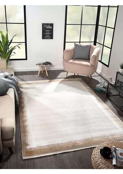 Merit MR001S Toprak Rengi Gold Kenar Çerçeveli Ince Yumuşak Akrilik Tozuaz Modern Salon Halısı modelleri
