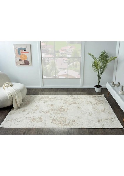 Lotus Plus 08584A Beyaz Kahverengi Detaylı Ince Akrilik Tozuaz Salon Yatak Odası Halısı Koridor