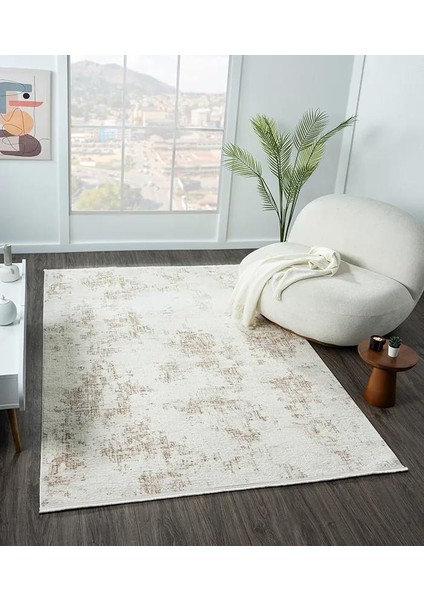 Lotus Plus 08584A Beyaz Kahverengi Detaylı Ince Akrilik Tozuaz Salon Yatak Odası Halısı Koridor