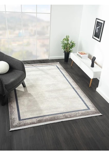 Dark DK012M Gri Lacivert Kenar Çerçeveli Geometrik Detaylı Akrilik Tozuaz Modern Salon Halısı