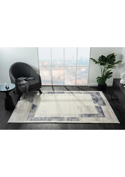 Dark DK014M Gri Mavi Geometrik Detaylı Akrilik Tozuaz Salon Yatak Odası Halısı Halısı Koridor