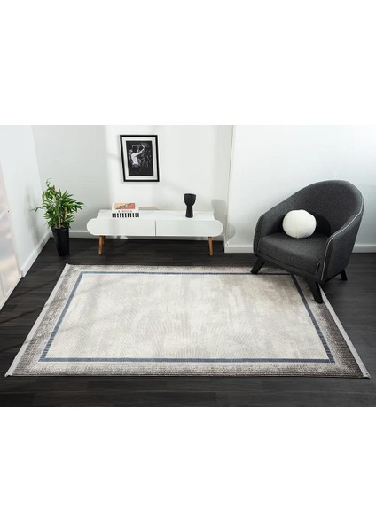 Dark DK012M Gri Lacivert Kenar Çerçeveli Geometrik Detaylı Akrilik Tozuaz Modern Salon Halısı