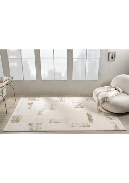 Truva TV035S Krem Rengi Gold Geometrik Detaylı Akrilik Yumuşak Modern Salon Halısı