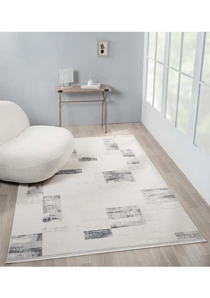 Truva TV035M Krem Rengi Lacivert Geometrik Detaylı Akrilik Yumuşak Modern Salon Halısı