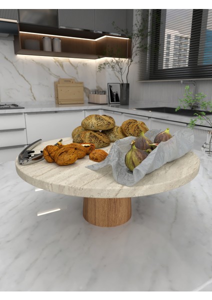 Doğal Mermer Pasta Kek Standı , Ahşap Ayaklı Kek Standı,mermer Sunumluk, Mermer Peynir Tabağı Büyük BOY28 cm