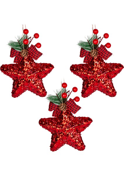 Yılbaşı Süsü Yılbaşı Dekorlu Yıldız 3'lü Set Kırmızı 15 Cm.