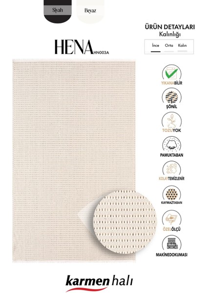 Hena HN001A Krem Şönil Kilim Ince Yumuşak Toz Yapmaz Kaymaz Taban Makinada Yıkanabilir Modern Halı