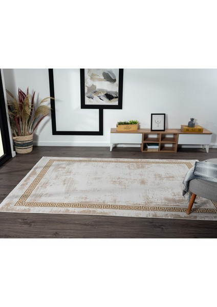 Merit MR2857 Krem Halı Gold Kenar Çerçeveli Ince Yumuşak Akrilik Modern Salon Halısı