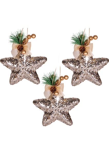 Yılbaşı Süsü Yılbaşı Dekorlu Yıldız 3'lü Set Şampanya 15 Cm.