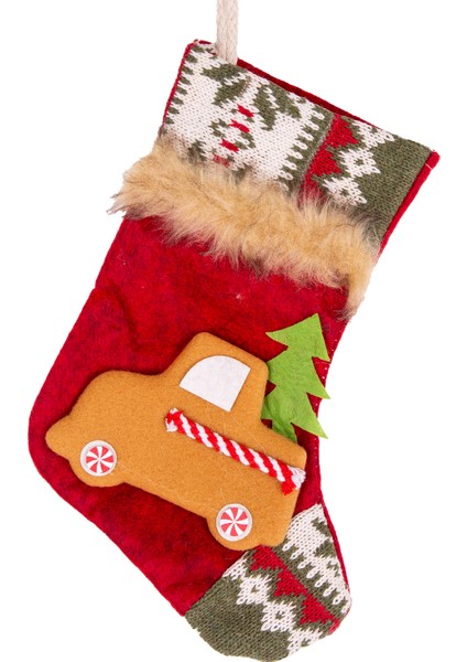Yılbaşı Ağaç Süsü Kırmızı Çorap Araba Figürlü Kırmızı 15X24 Cm.