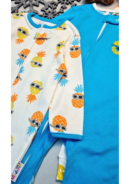 Erkek Bebek Ananas Baskılı Ayaksız Pamuklu 3lü Tulum Seti