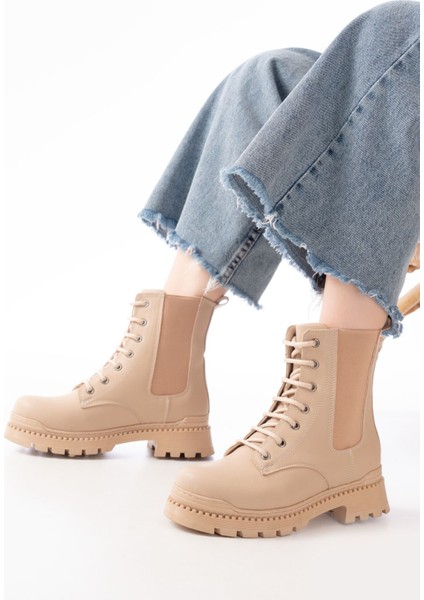2051-298 Bej Düz Topuklu Bağcıklı Lastikli Günlük Kadın Bot