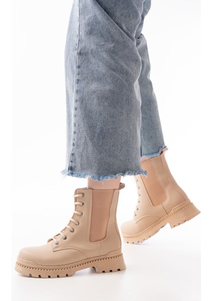 2051-298 Bej Düz Topuklu Bağcıklı Lastikli Günlük Kadın Bot fiyatları