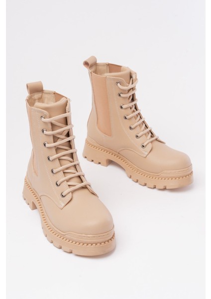 2051-298 Bej Düz Topuklu Bağcıklı Lastikli Günlük Kadın Bot modelleri