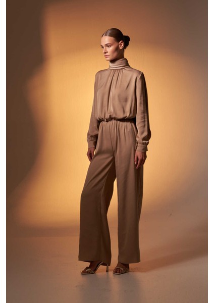 Pelerinli Saten Abiye Tulum Vizon modelleri