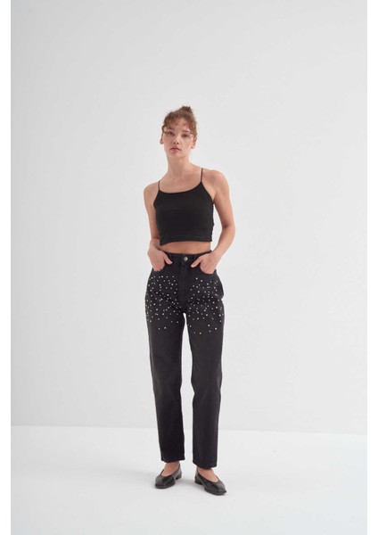 Taş Işlemeli Mom Fit Pantolon Siyah modelleri