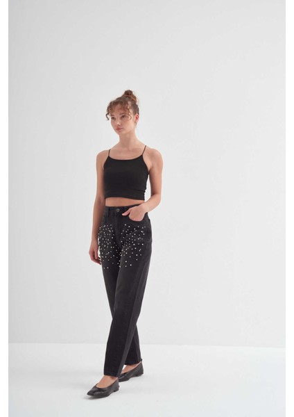 Taş Işlemeli Mom Fit Pantolon Siyah fırsatları