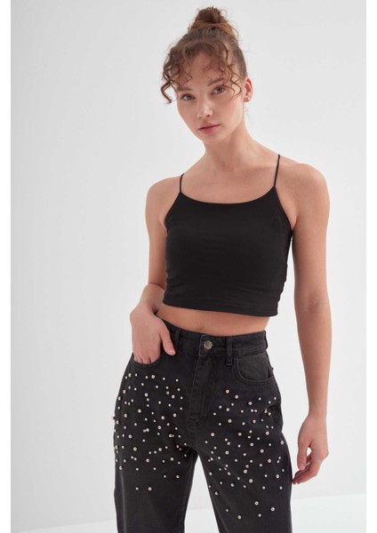 Taş Işlemeli Mom Fit Pantolon Siyah indirimleri