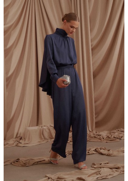 Pelerinli Saten Abiye Tulum Lacivert fiyatları